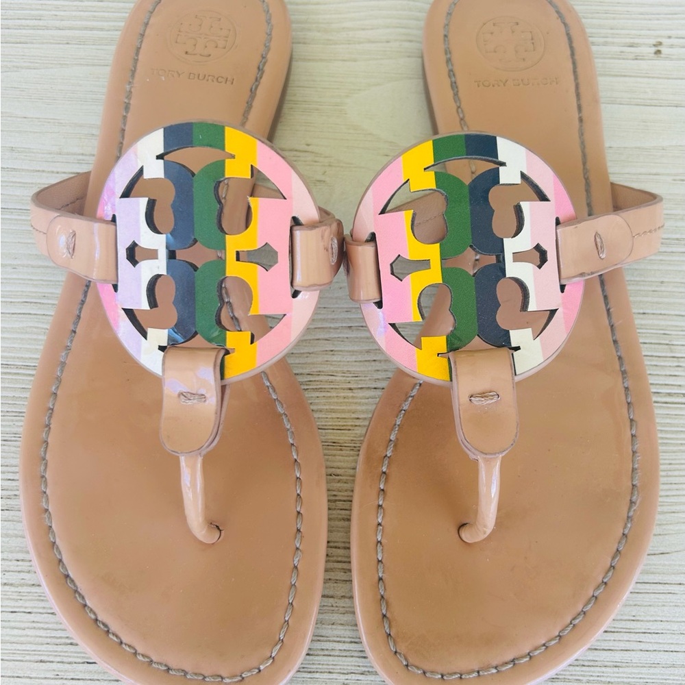 Tory Burch Pink and Yellow pastel Miller Logo Thong Sandals Sz 7